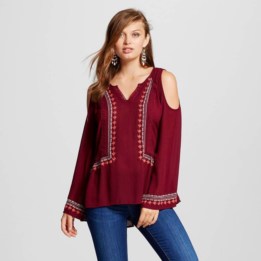 Xhilaration Embroidered Red Cold Shoulder Blouse